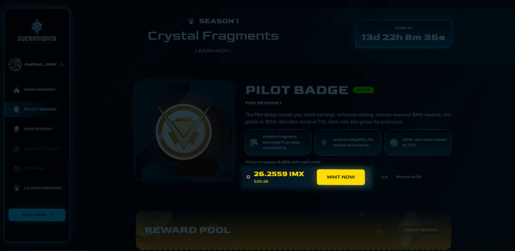 Screenshot of the OverKnights Season 1 dashboard, displaying the Pilot Badge section, with details about minting costs, an active status indicator, and a countdown timer. Navigation options like Dashboard, Inventory, Marketplace, Staking, and Leaderboard are visible.