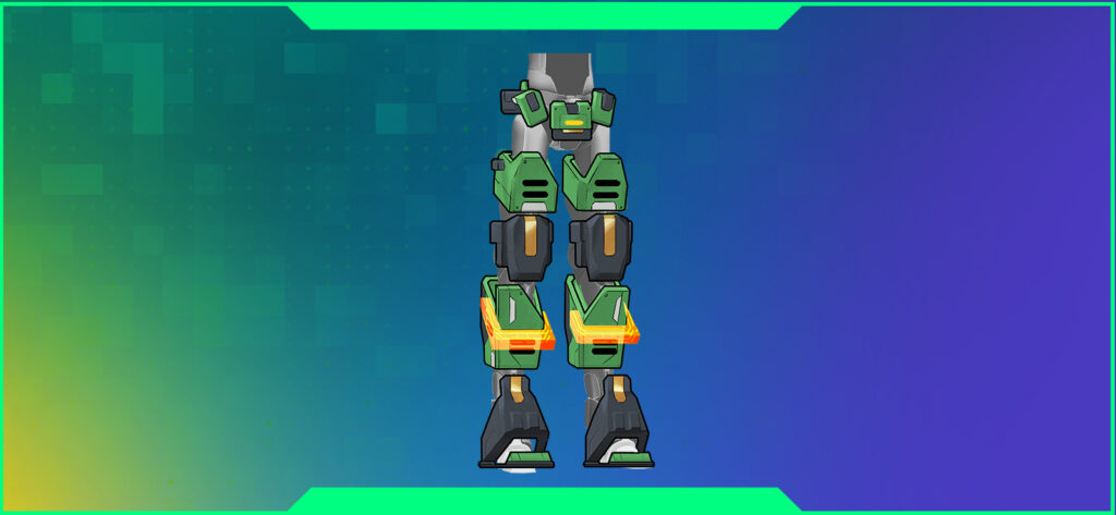 An illustration of the Bulwark model from OverKnights, showcasing its mechanical design with green and black components, illuminated accents, set against a vibrant gradient background.