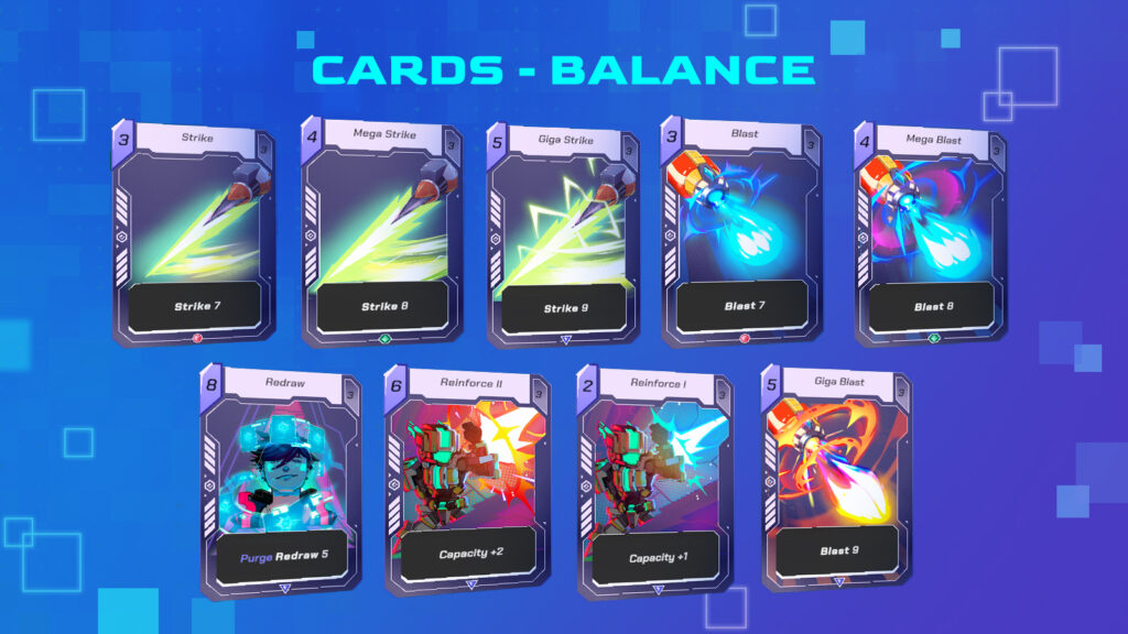 Image displaying various trading cards from the game OverKnight, showcasing their names, strike values, and abilities, set against a blue background with grid patterns.