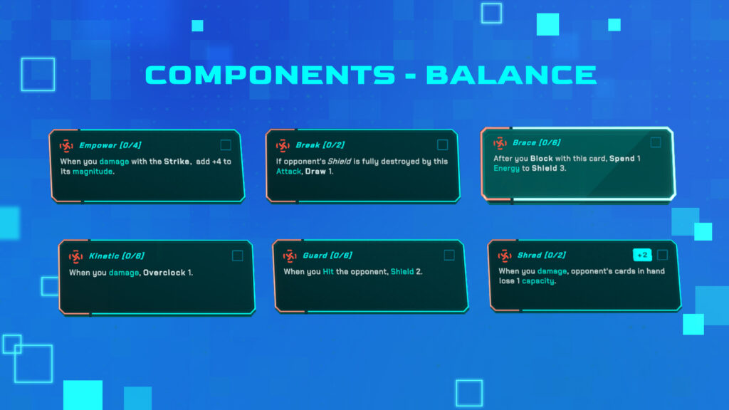 A graphic displaying the balance changes for game components in OverKnights, featuring six components: Empower, Break, Kinetic, Guard, Brace, and Shred, with their respective descriptions and effects.
