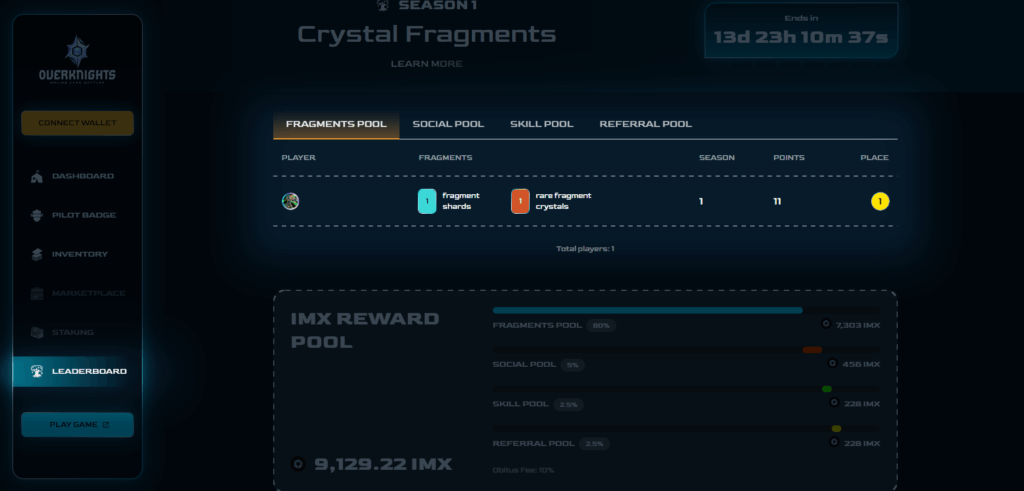 Leaderboard section showing player's stats and fragments collected in the Play-2-Airdrop event.