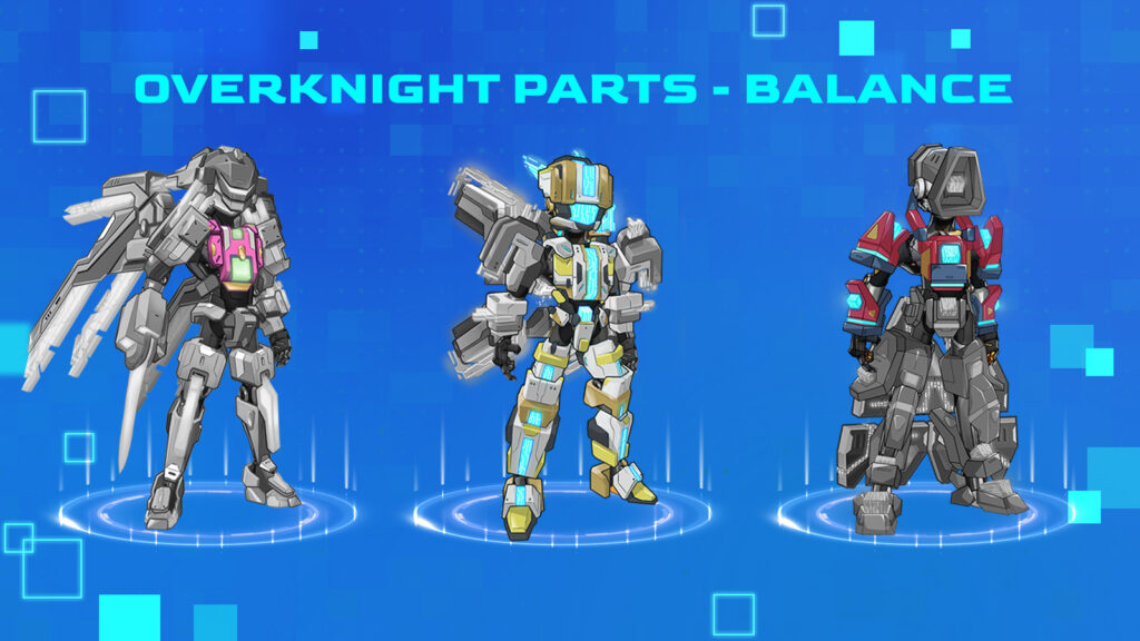Three robotic characters designed for a game display against a blue background, labeled 'Overknight Parts - Balance'.