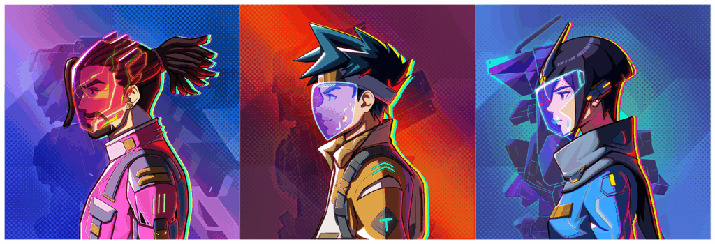 Three stylized characters in a futuristic design, each facing sideways. The character on the left has long hair and a visor, wearing a pink outfit. The middle character has spiky hair and a blue visor, dressed in a brown jacket. The character on the right is in a blue outfit with a high collar and a visor, exuding a confident demeanor against a colorful, dynamic background.