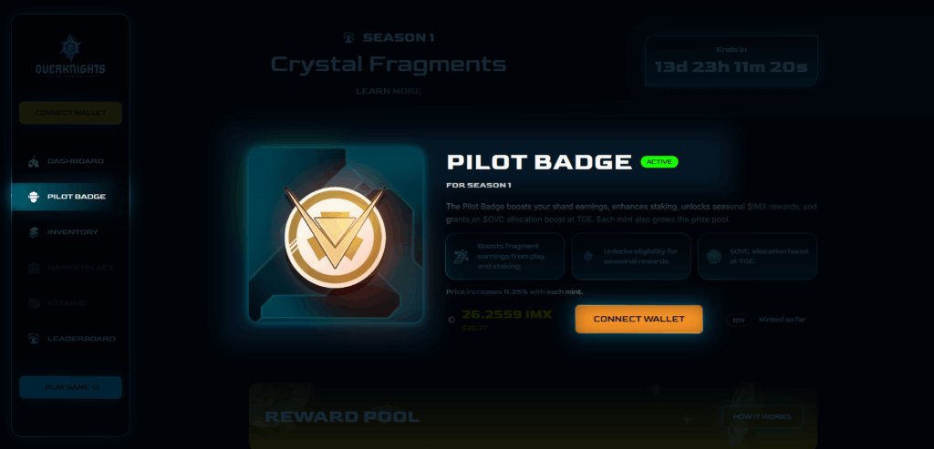 Dashboard displaying the active Pilot Badge for Season 1 of the Play-2-Airdrop event, with a timer and connection button for digital wallet.