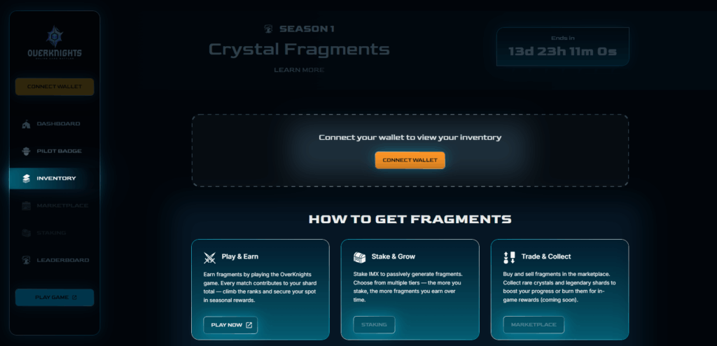 Screenshot of the OverKnights game inventory section, featuring a 'Connect Wallet' button, a countdown timer for season 1, and options for earning and trading fragments.